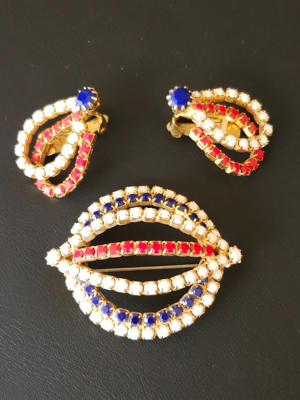 Vintage Red, White & Blue Rhinestone Brooch and Earring Set Patriotic Jewelry